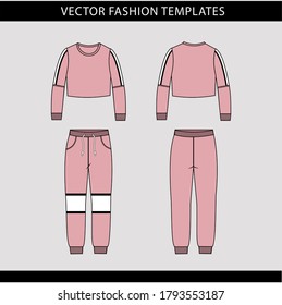 crop top sweatshirt and Sweat pants fashion flat sketch template, jogging outfit front and back, sport wear outfit