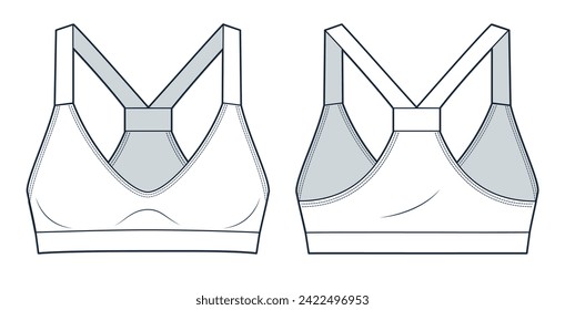 Crop Top technical fashion illustration. Sports Bra fashion flat technical drawing template, straps, slim fit, front and back view, white, women Activewear CAD mockup.