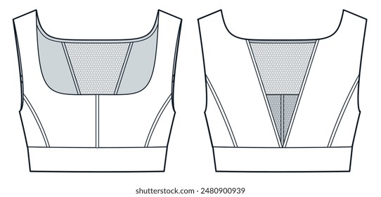 Crop Top technical fashion illustration. Sport Bra fashion flat technical drawing template, mesh, slim fit, front and back view, white, women Top CAD mockup.