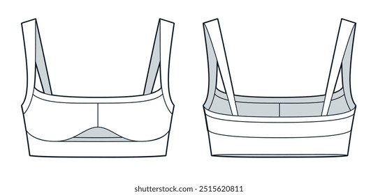 Crop Top ilustração de moda técnica. Esportes Bra moda plana modelo de desenho técnico, pescoço quadrado, recorte, ajuste fino, frente e vista traseira, branco, mulheres Top CAD mockup.