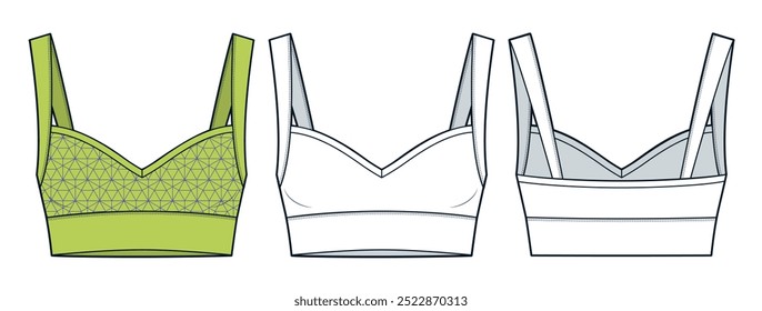 Crop Top ilustração de moda técnica, conceito de moda. Esportes Bra moda plana modelo de desenho técnico, alças, ajuste fino, frente e vista traseira, branco, amarelo, mulheres Top CAD maquete conjunto.