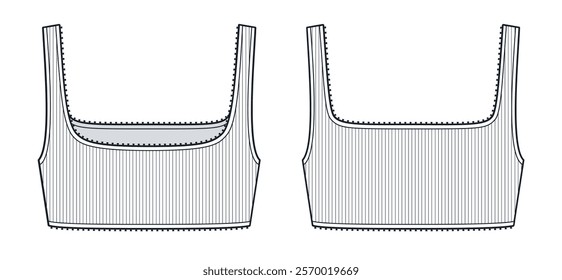 Crop Top technical fashion illustration. Sports Bra fashion flat technical drawing template, square neck, ribbed, slim fit, front and back view, white, women Top CAD mockup.