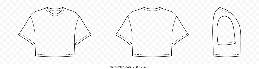 Crop top tshirt front and side back view. Short sports shirt unisex for everyday wear and sports