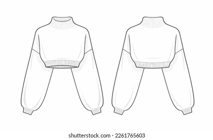 Crop Turtleneck Sweater Mode technische Zeichnungsvorlage. unisex Sweatshirt-Vorlage, Front- und Rückansicht, weiße Farbe, Strickkragen und Hem. Damenmode-CAD-Modell.