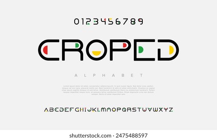 Croped creative geometric modern urban alphabet font. Digital abstract futuristic, fashion, sport, minimal technology typography. Simple numeric vector illustration