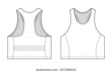 Cropped Active Racerback Tank Top Technical Fashion Illustration. Women’s Activewear Tank Top with Side Panel Detail Vector Template. Front and Back View. Flexible Fit. Sportswear. White. CAD Mockup.