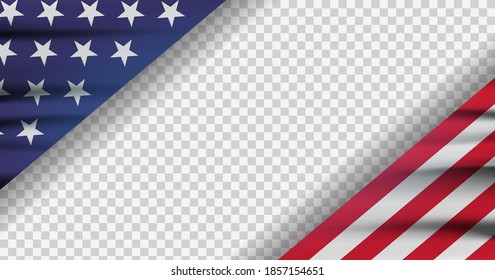 Bandera americana recortada sobre fondo transparente. Ilustración moderna. Colores oficiales de la bandera de Estados Unidos. Cartel del Día de la Independencia.