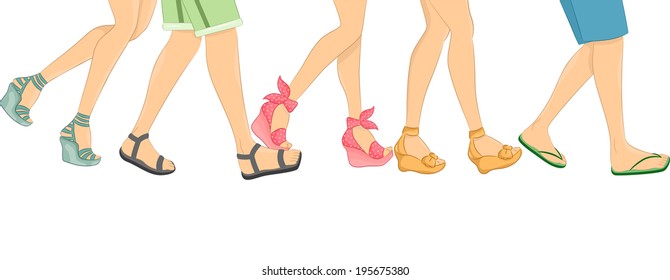 Cropped Border Illustration Featuring Walking People Wearing Different Styles of Sandals