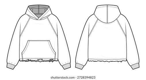 Ilustración técnica de la moda de la sudadera con capucha de Raglan del cuerpo recortado. Sudadera moderna con capucha Streetwear con dobladillo crudo angustiado, mangas raglán y puños de punto de costilla. Vistas frontal y posterior. Unisex. Conjunto de maquetas CAD.