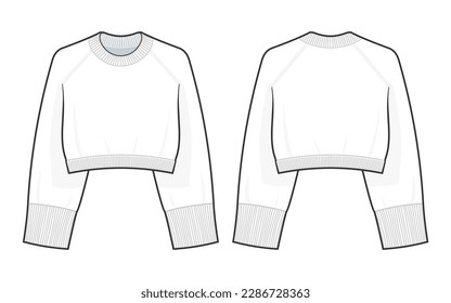 Dibujo de moda técnica de suéter de la caja recortada. moda técnica de suéter superior de cultivo Diseño de imagen, vista frontal y posterior, aislado en blanco, conjunto de simulación CAD.