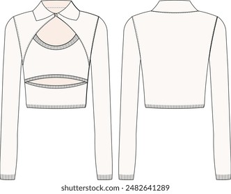 cropped buttoned ribbed low cut blouse sweater technical drawing flat sketch template fashion woman
