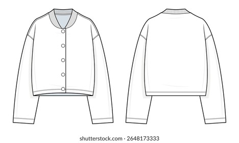 Cropped Button-Up Cardigan Technical Fashion Illustration. Long-Sleeve Knit Jacket with Round Neckline Vector Template. Front and Back View. Women’s Casualwear. CAD Mockup Set.