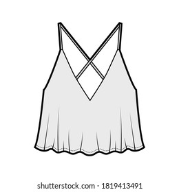 Ilustración técnica de moda de la parte superior del camisol recortada con cuello V profundo, quema, silueta suelta, correas X en la parte posterior. Funda de ropa de vestir plana plantilla color gris delantero. Mujeres, hombres unisex CAD mockup