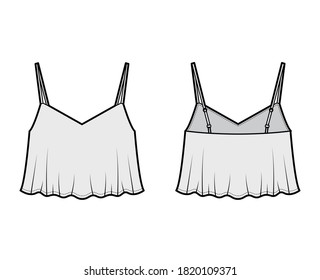 Ilustración de moda técnica superior de camisol recortada con cuello de corazón, quema, silueta suelta, correas ajustables. Plantilla de ropa de tanque plana de color gris de la parte trasera delantera. Hombres mujeres unisex maquillaje CAD