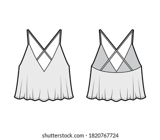 Ilustración técnica de moda de la parte superior del camisol recortada con cuello V profundo, quema, silueta suelta, correas X en la parte posterior. Plantilla de ropa de vestir de ropa de vestir plana delantera, color gris de espalda. Las mujeres, los hombres unisex mockup