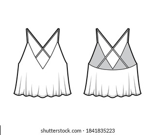 Ilustración técnica de moda de la parte superior del camisol recortada con cuello V profundo, quema, silueta suelta, correas X en la parte posterior. Plantilla de ropa de vestir de ropa de vestir plana delantera, trasera, color blanco. Mujeres, hombres unisex CAD