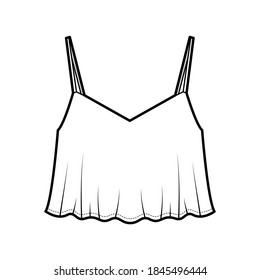 Cropped camisole top technical fashion illustration with sweetheart neck, flare hem, loose silhouette, adjustable straps. Flat tank apparel template front white color. Women men unisex CAD mockup