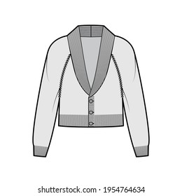 Cropped Cardigan Shawl collar Sweater technical fashion illustration with long raglan sleeves, relax body, waist length, knit rib trim. Flat apparel front grey color style. Women men unisex CAD mockup