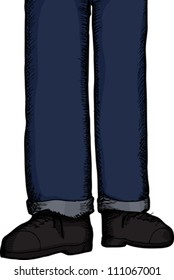 Cropped cartoon of person standing in blue jeans over white background