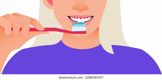 Cropped Cheerful Smile Adult Brush Teeth. Holding Brush with Toothpaste. Modern Flat Vector Illustration.