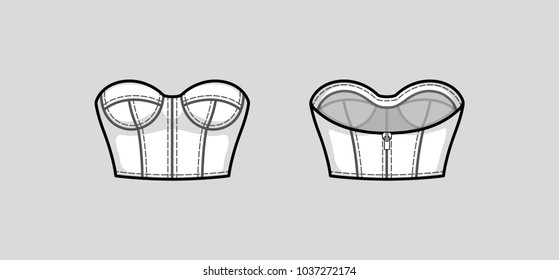 Cropped close-fitting top with strapless neckline, cups and back zip closure. Back and front with panel lines. Technical flat sketch. Vector illustration.