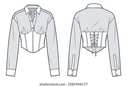 Cropped Corset Shirt Technical Fashion Illustration. Blouse fashion flat technical drawing template, button-up, lace-up, cuff sleeves, front and back view, white, grey, women CAD mockup.