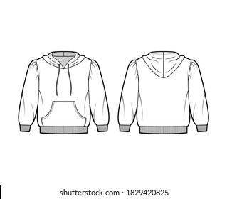 Cropped cotton-jersey hoodie technical fashion illustration with loose fit, puffed shoulders, elbow sleeves, front pocket. Flat jumper template front back white color. Women men unisex sweatshirt top