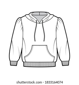 Cropped cotton-jersey hoodie technical fashion illustration with loose fit, puffed shoulders, elbow sleeves, front pocket. Flat jumper template front white color. Women men unisex sweatshirt top