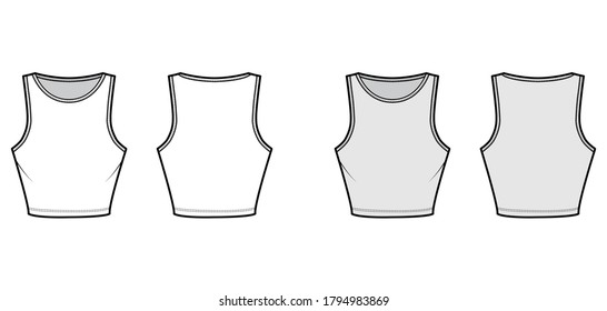 Cropped cotton-jersey tank technical fashion illustration with slim fit, waist length, crew neckline. Flat outwear basic apparel template front, back, white, grey color. Women men unisex shirt top CAD