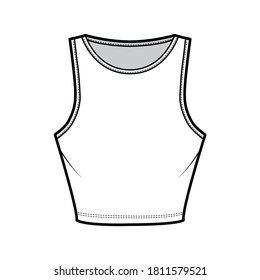 Cropped cotton-jersey tank technical fashion illustration with slim fit, waist length, crew neckline. Flat outwear basic apparel template front, white color. Women, men, unisex shirt top CAD mockup