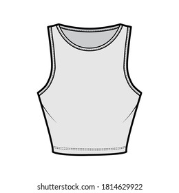 Cropped cotton-jersey tank technical fashion illustration with slim fit, waist length, crew neckline. Flat outwear basic apparel template front, grey color. Women, men, unisex shirt top CAD mockup