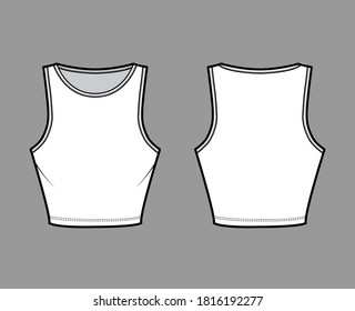 Cropped cotton-jersey tank technical fashion illustration with slim fit, waist length, crew neckline. Flat outwear basic apparel template front back white color. Women men, unisex shirt top CAD mockup