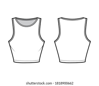 Cropped cotton-jersey tank technical fashion illustration with slim fit, waist length, crew neckline. Flat outwear basic apparel template front back white color. Women men, unisex shirt top CAD mockup