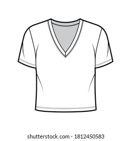 Cropped cotton-jersey t-shirt technical fashion illustration with deep V-neck, short sleeves, waist length. Flat outwear basic apparel template front white color. Women men unisex top CAD mockup