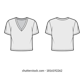 Cropped cotton-jersey t-shirt technical fashion illustration with deep V-neck, short sleeves, waist length. Flat outwear basic apparel template front back grey color. Women men unisex top mockup CAD