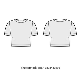 Cropped cotton-jersey t-shirt technical fashion illustration with scoop neck, short sleeves, relax fit. Flat outwear apparel template front, back, grey color. Women, men, unisex top CAD mockup. 