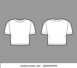 Cropped cotton-jersey t-shirt technical fashion illustration with scoop neck, short sleeves, relax fit. Flat outwear apparel template front, back, white color. Women, men, unisex top CAD mockup. 
