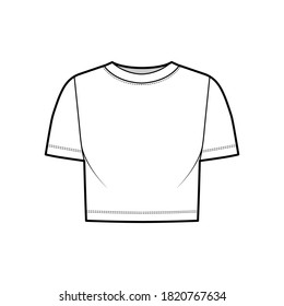 Cropped cotton-jersey t-shirt technical fashion illustration with scoop neck, short sleeves, relax fit. Flat outwear apparel template front, white color. Women, men, unisex top CAD mockup. 