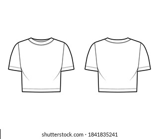 Cropped cotton-jersey t-shirt technical fashion illustration with scoop neck, short sleeves, relax fit. Flat outwear apparel template front, back, white color. Women, men, unisex top CAD mockup. 