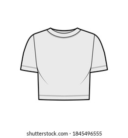 Cropped cotton-jersey t-shirt technical fashion illustration with scoop neck, short sleeves, relax fit. Flat outwear apparel template front, grey color. Women, men, unisex top CAD mockup. 