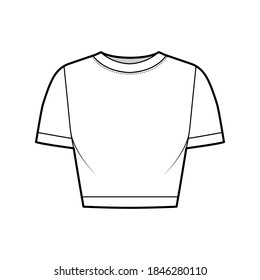 Cropped cotton-jersey t-shirt technical fashion illustration with scoop neck, short sleeves, close fit. Flat outwear apparel template front, white, color. Women, men, unisex top CAD mockup