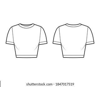 Cropped cotton-jersey t-shirt technical fashion illustration with scoop neck, short sleeves, close fit. Flat outwear apparel template front, back, white color. Women, men, unisex top CAD mockup
