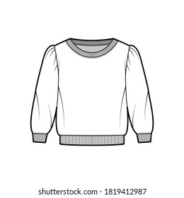 Cropped cotton-terry sweatshirt technical fashion illustration with scoop neckline, puffed shoulders, elbow sleeves. Flat outwear jumper apparel template front white color. Women, men unisex top CAD
