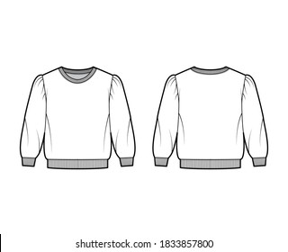 Cropped cotton-terry sweatshirt technical fashion illustration with puffed shoulders, elbow sleeves, ribbed trims. Flat outwear jumper apparel template front back white color. Women men unisex top CAD