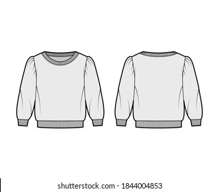 Technisches Modebeispiel für gekuppelte Baumwollfresser-Sweatshirt mit Brustkerbe, gepufften Schultern, Ellbogenärmel. Flache Outwear Jumper Bekleidung Vorlage vorne graue Farbe. Frauen, Männer, oben