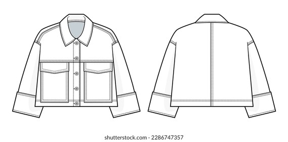 Denim Boxy Jacket mit übergroßen Taschen und technischer Zeichnungsvorlage.  Denim Jacke technische Mode Illustration, Front- und Rückansicht, einzeln auf Weiß, Frauen, CAD Mock-up Set.