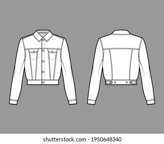 Cropped denim jacket technical fashion illustration with full waist length, flap pockets, button closure, collar, long sleeves. Flat apparel front, back, white color style. Women men unisex CAD mockup