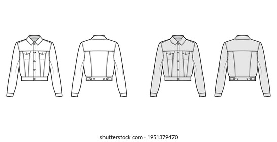 Cropped denim jacket technical fashion illustration with full waist length, button closure, classic collar, long sleeves. Flat apparel front, back, white, grey color style. Women men unisex CAD mockup