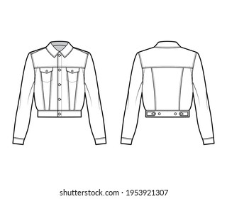 Cropped denim jacket technical fashion illustration with full waist length, flap pockets, button closure, collar, long sleeves. Flat apparel front, back, white color style. Women men unisex CAD mockup