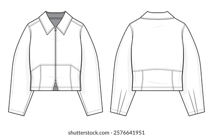 Cropped Denim Jacket Technical Fashion Illustration. Tailored Collar Denim Jacket with Panel Seams Vector Template. Fitted Silhouette. Full Zip-Front Closure. Women’s Outerwear. CAD Mockup set.